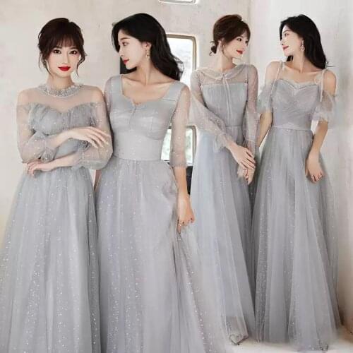 Bridesmaids Dresses Illusion V-Neck A-Line Off The Shoulder Lace Tulle Sequined Pleat Floor-Length Women Wedding Party Gown E457