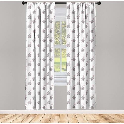 Elephant Nursery Window Curtains Elephants Holding Heart Shaped Pink Balloons Girlish Lightweight Decorative
