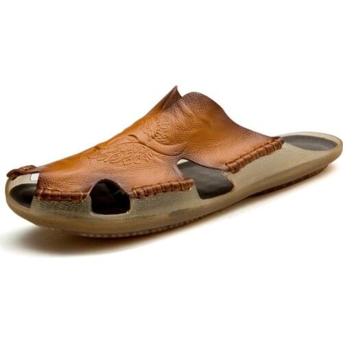 Slippers Men Sandals Genuine Leather Summer Non-slip Mens shoes Outdoor Breathable Beach Shoes Men Flip Flops Big Size 38-48