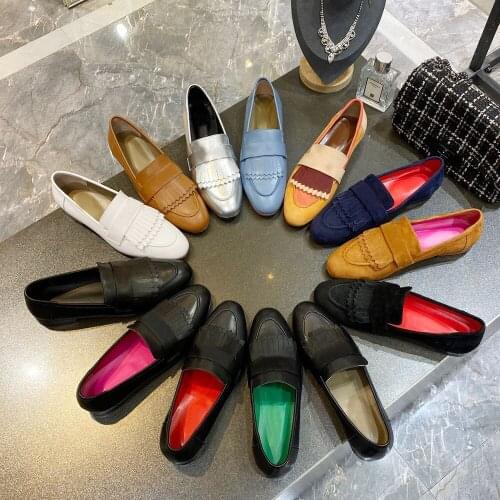 Classic Womens Flats Colorful Genuine Leather Flats Fringe Casual Loafers Slip-On Pointed Toe Womens Shoes For Spring/Autumn