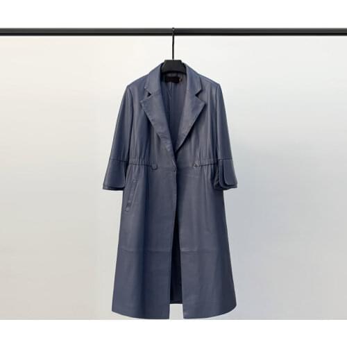 Spring 2021 New Hong Kong Style Leather Windbreaker Womens Medium Long Flared Sleeve Leather Jacket Sheep Skin Suit Collar