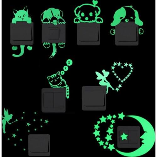 Funny Cat Dog Switch Stickers Glow In The Dark Wall Mural Art Kids Room Home Decoration Fairy Star Moon Luminous Pvc Wall Decals
