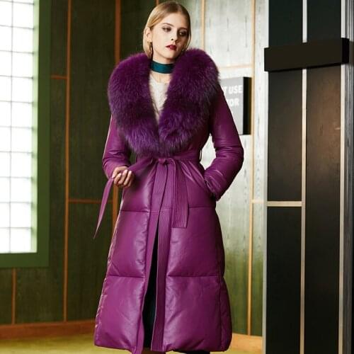 Jacket Winter Duck Down Women Genuine Leather Jacket Female Real Raccoon Fur Collar Leather Coat Vintage Sheepskin Coats 09306