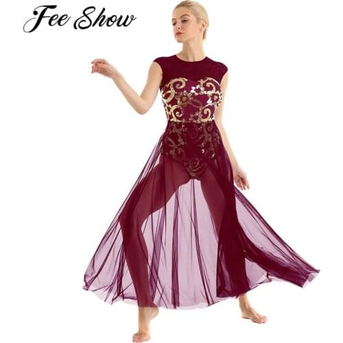 Women Sleeveless Contemporary Dance Costumes Dancewear Floral Sequins Gymnastics Leotard Maxi Dress Lyrical Modern Ballet Dress