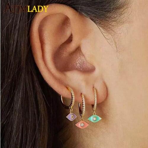 2021 Fashion New Arrive Gold Color Pink Purple Green Enamel Colorful Lucky Lovely Evil Eye Charm Dangle Drop Earring For Women