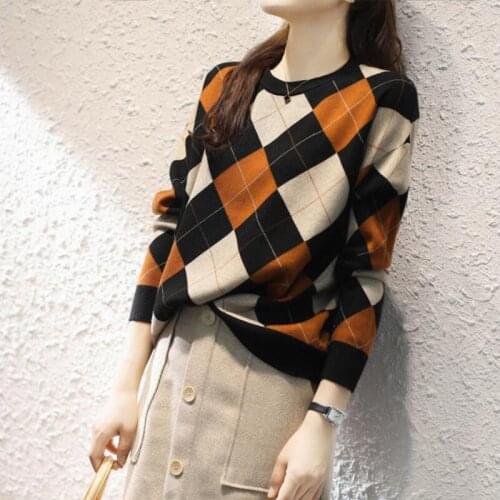 100% Cotton New Pullover Women Argyle Knitting Sweater O-Neck All Matched Briitsh Style