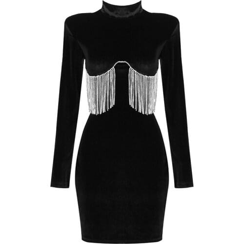 Bodycon Dress For Women 2021 Autumn New Beading Sexy Tassel Celebrity Evening Party Vintage Elegant Velvet Dresses