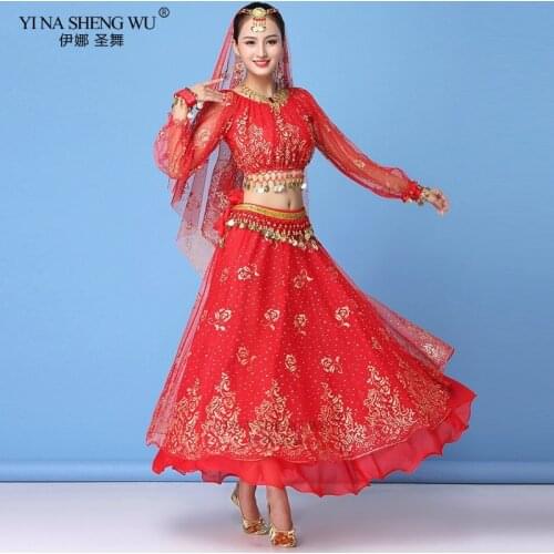 Adult Bollywood Dress Costume Women Indian Dance Sari Belly Dance Outfit Performance Clothes Chiffon Long Sleeve Top+Belt+Skirt
