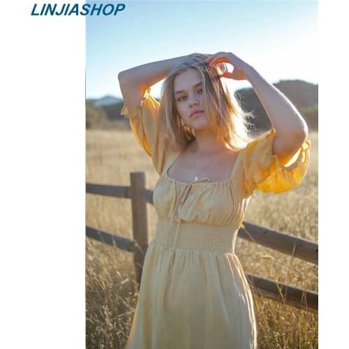 Elegant vintage dress woman beige square neck high waist elastic bust strap adjustable short sleeve holiday summer mini dress