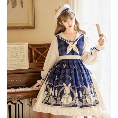 2020 Gothic Lolita Daily Dress Cute Rabbit Soft Sister Japanese Op Long-Sleeved Victorian Kawaii Sweet Cute Dress Japanese F2853
