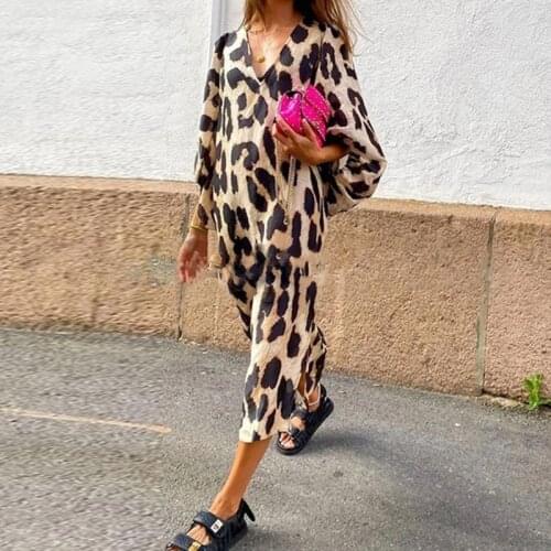 2021 Spring and Autumn New Fashion Leopard Print Dress V-neck Fashion Leopard Print Lantern Sleeve Office Ladies Casual Dress
