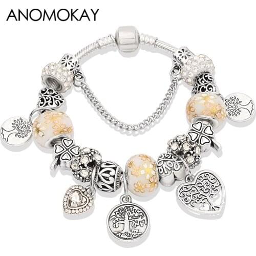 Silver Plated Tree Flower Heart Handmade DIY Charm Bracelet Trendy White Crystal Bead Bracelet Special Birthday Gift Pulseras