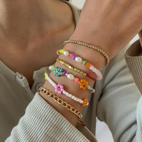 DIEZI Korean Handmade Acrylic Flower Rope Chain Bracelet Women Girls Sweet Cute Ethnic Bohemian Imitation Pearl Bracelet Sets