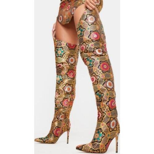 Dipsloot Newest Woman Gold Embroidery Python Over The Knee Boots Lady Pointed Toe Flowers Zipper Thigh High Long Knight Boots