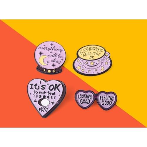 Everything Will Be Ok Enamel Pins Custom Love Sunglass Coffee Crystal Ball Brooches Lapel Badges Bag Jewelry Gifts Kids Friends