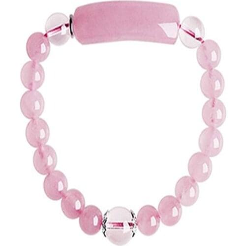 FYJS Unique Female Anniversary Jewelry Silver Plated Rectangle Connect Natural Rose Pink Quartz Round Beads Elastic Bracelet