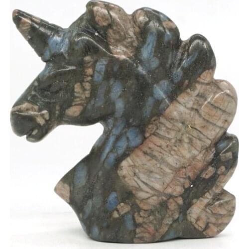 Unicorn Head Skull Figurine Natural Teaxs Llanite Blue Opal Healing Energy Animal Carved Crystal Statue Gemstone Home decor 2"