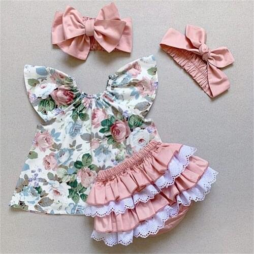 3pcs Baby Girl Clothes sets Floral Printed Fly Sleeve Top Lace Patchwork Ruffle PP Shorts Headband Outfit Girl Summer Clothing
