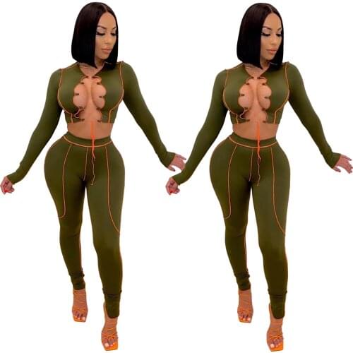 Two Piece Outfits Sexy Womens Wear Strap Sexy Hollowed-out Long Sleeve Two-piece Suit Joggers Nightclub Crop Tops Wholesale