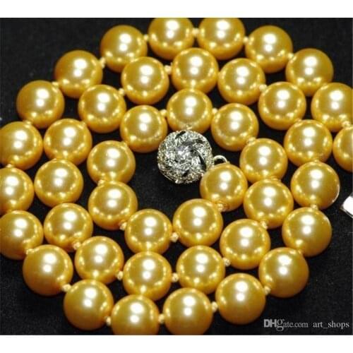 10mm South Golden Sea Shell Pearl Round Beads Necklace 18" AAA