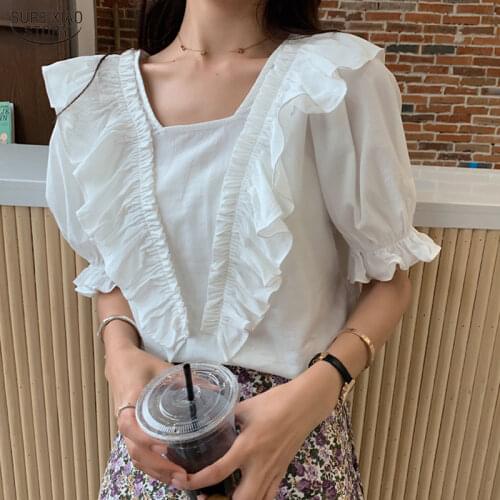 Summer Ruffles Slim Tops Korean Blouses Women Blusas Mujer De Moda 2021 Casual Short Sleeve Office Lady Shirts 10048