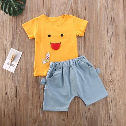 Cute pudcoco 2020 Summer Infants Baby Boys Cartoon Tops T-shirt Denim Shorts Pants Summer Clothes 2PCS Set Cat Stripe Tongue out