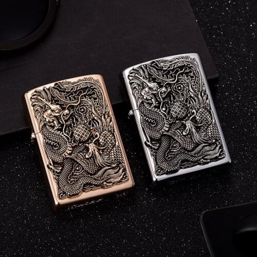 The Dragon and The Phoenix Pure Copper Mens Retro Gift Kerosene Lighter Smoking Accessories Gadgets for Men Exquisite Pattern