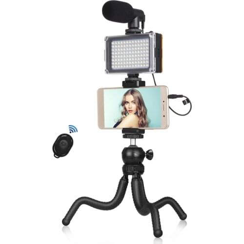 PULUZ 4 in 1 Vlogging Live Mini Octopus Bracket Kit + Studio Light + Microphone + Phone Clamp Kits