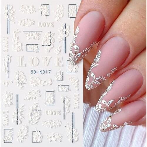 1PC White Embossed Flower Lace 5D Nail Stickers Flower Butterfly Wedding Nail Art Designs Decoration For Manicures