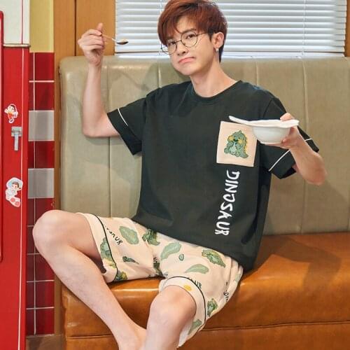 Men Pajamas Set Summer Oversized Men O-neck Short Sleeve Sleepwear Funny Green Little Dinosaur Print Cartoon Cotton Men Homewear