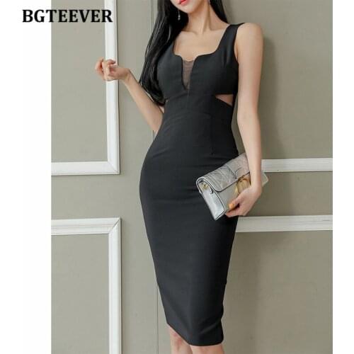 BGTEEVER Summer New Fashion Sleeveless Women Package Hip Dress Black Slim Waist Hollow Out Ladies Split Solid Vestidos 2021