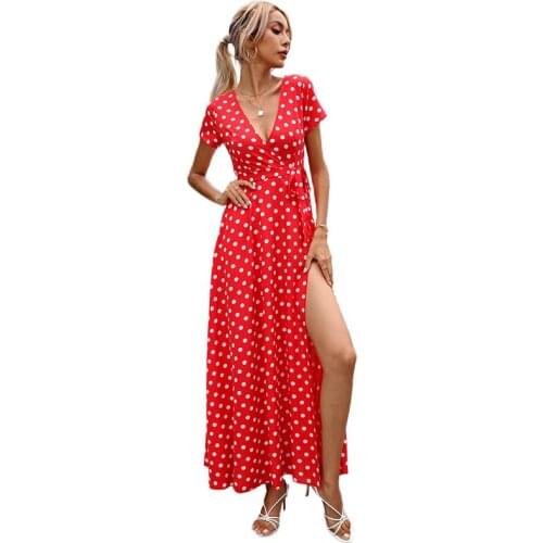 Dot Printing Maxi Dress Summer Wraps Dress For Women 2021 Short Sleeve Big Swing Boho Long Dress Female Deep V Beach Dresses