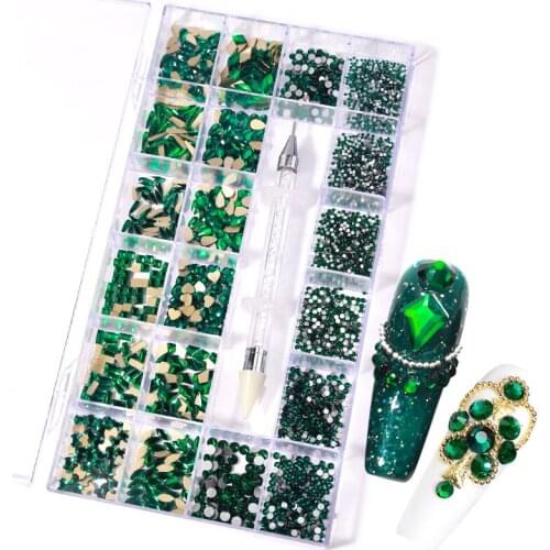 21 Grid Multi-Size Acrylic Rhinestones and Decorations for Nail Art 2021 New Green Nails Accessories for DIY Manicure Design