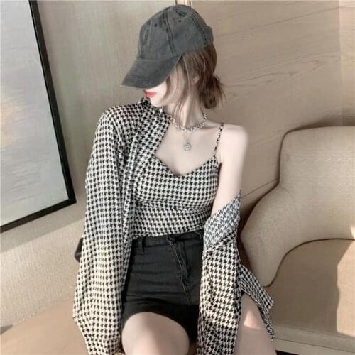 2021 Summer New Womens Houndstooth Design Casual Thin Shirt Sunscreen Clothing + V-neck Sling Suit