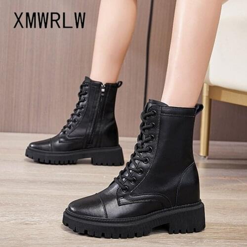 XMWRLW Womens Boots 2021 Autumn Genuine Leather Casual Lace up Ladies Mid-Calf Boots Women Autumn Shoes Hidden Heel Boot Shoes