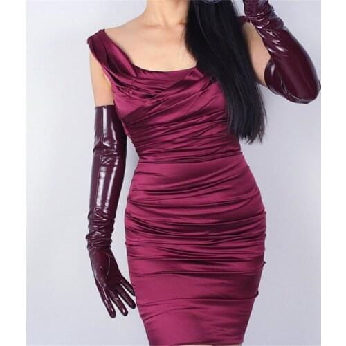 Womans Gloves Patent Leather PU Gloves Female Bright Wine Red Simulation Leather Bright Leather Dance Party Cosplay P1370-9