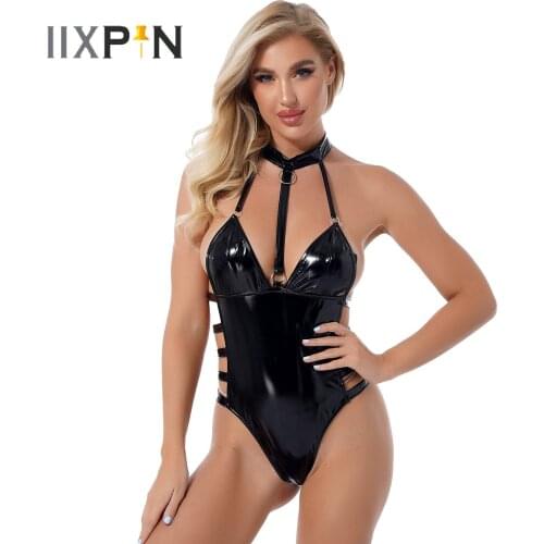Womens Wetlook Patent Leather Jumpsuit Stage Show Nightclub Outfits Halter Sleeveless Cutout Romper Hollow Out Backless Catsuit