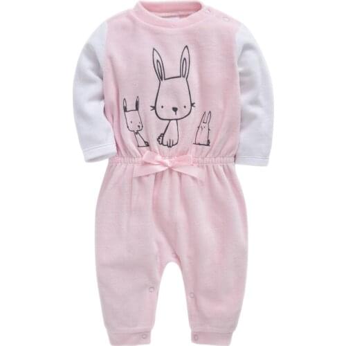 KAVKAS Girl Winter Baby Clothes Rabbit Print Long Sleeve Pink Cotton Velvet Warm Rompers Infant Pajamas
