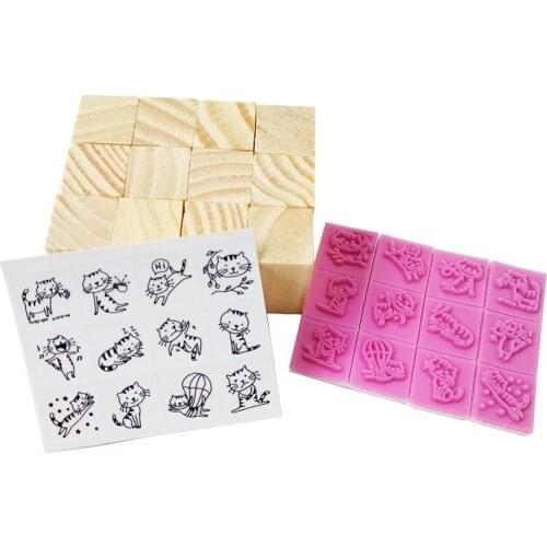 12Pcs cute matchbox diary stamps-cat pink box For Scrapbooking Greeting Letter Handmade Craft Wooden Stamp