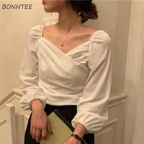 Big Size Shirts Women Retro Student All-match Slim Comfortable V-Neck Long Sleeve European Style Fashionable Ladies Crop Top Ins
