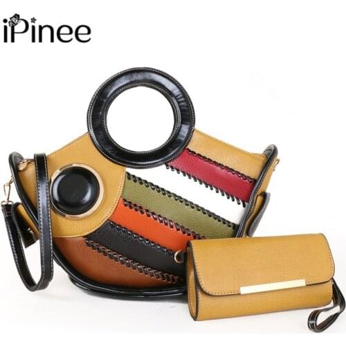 IPinee Women PU Leather Handbag Colorful Patchwork Shoulder Crossbody Top Handle Bags For Office Ladies With Purse