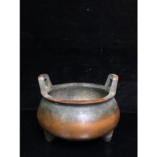 6"Tibet Temple Collection Old Bronze Cinnabar Lacquer Round shape Ding furnace Three-legged incense burner Base Ornaments