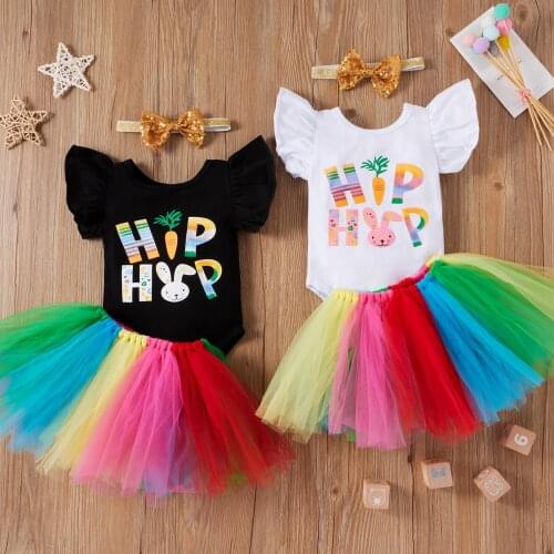 Easter Girl’s 3Pcs Summer Clothes Set Letter Printed Short Sleeve Tops with Colorful Tulle Short Skirt and Headband