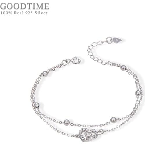 Trendy Women Bracelet Pure S925 Sterling Silver Heart-shaped Micro-encrusted Beads Fashion Girls Double Bracelet For Dress Up