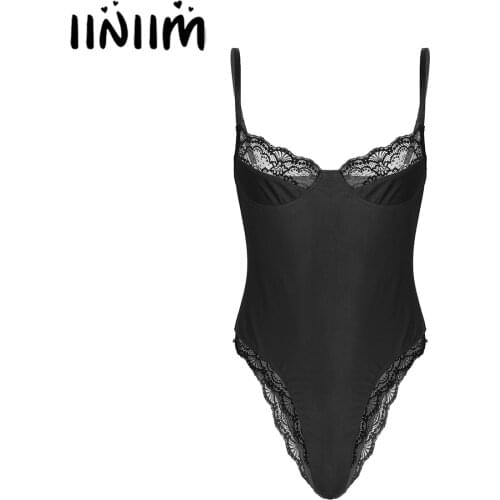 Mens Male Bodysuit Bodystocking Jockstraps Pouch Lace Trimming Bodycon Sleeveless Unlined Wireless Bra Lingerie Teddies Catsuit