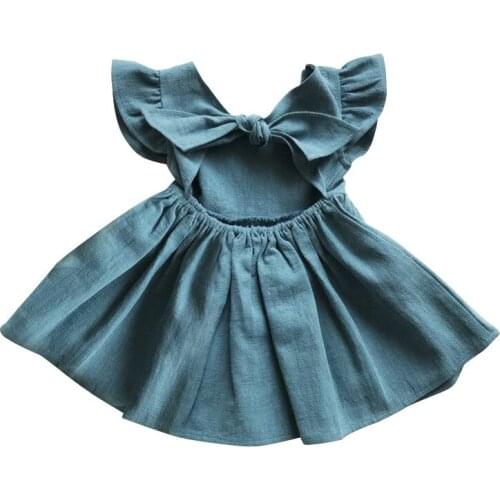 New Baby Girls Dress Cotton Linen Pure Color Summer Bow Princess Dress Party Birthday Clothes for Kids
