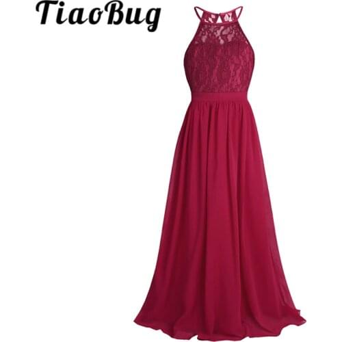 TiaoBug New Girls Lace Chiffon Sleeveless Halter Flower Girl Dress Princess Pageant A-Line Hollow Out Formal Wedding Party Dress