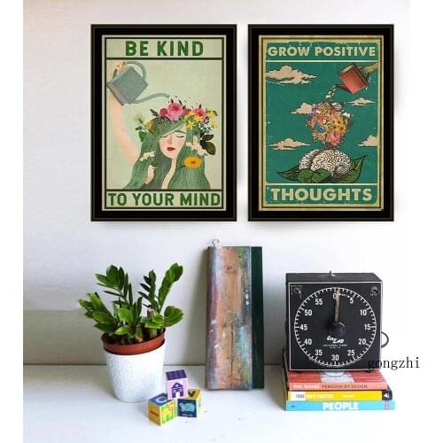 Grow Positive Thoughts Be Kind To Your Mind Poster Vintage Canvas Painting Print Wall Art Pictures for Living Room Home Decor
