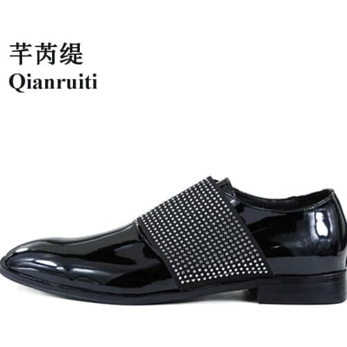 Qianruiti Fashion Men Dress Shoes Patent Leather Formal Shoe Rhinestone Slip-on Business Oxfords Handmade Wedding Shoes