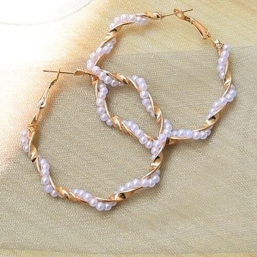 POXAM New Korean Statement Pearl Hoop Drop Earrings For Women Fashion Geometric Crystal Round Big Dangle Earrings 2020 Jewelry